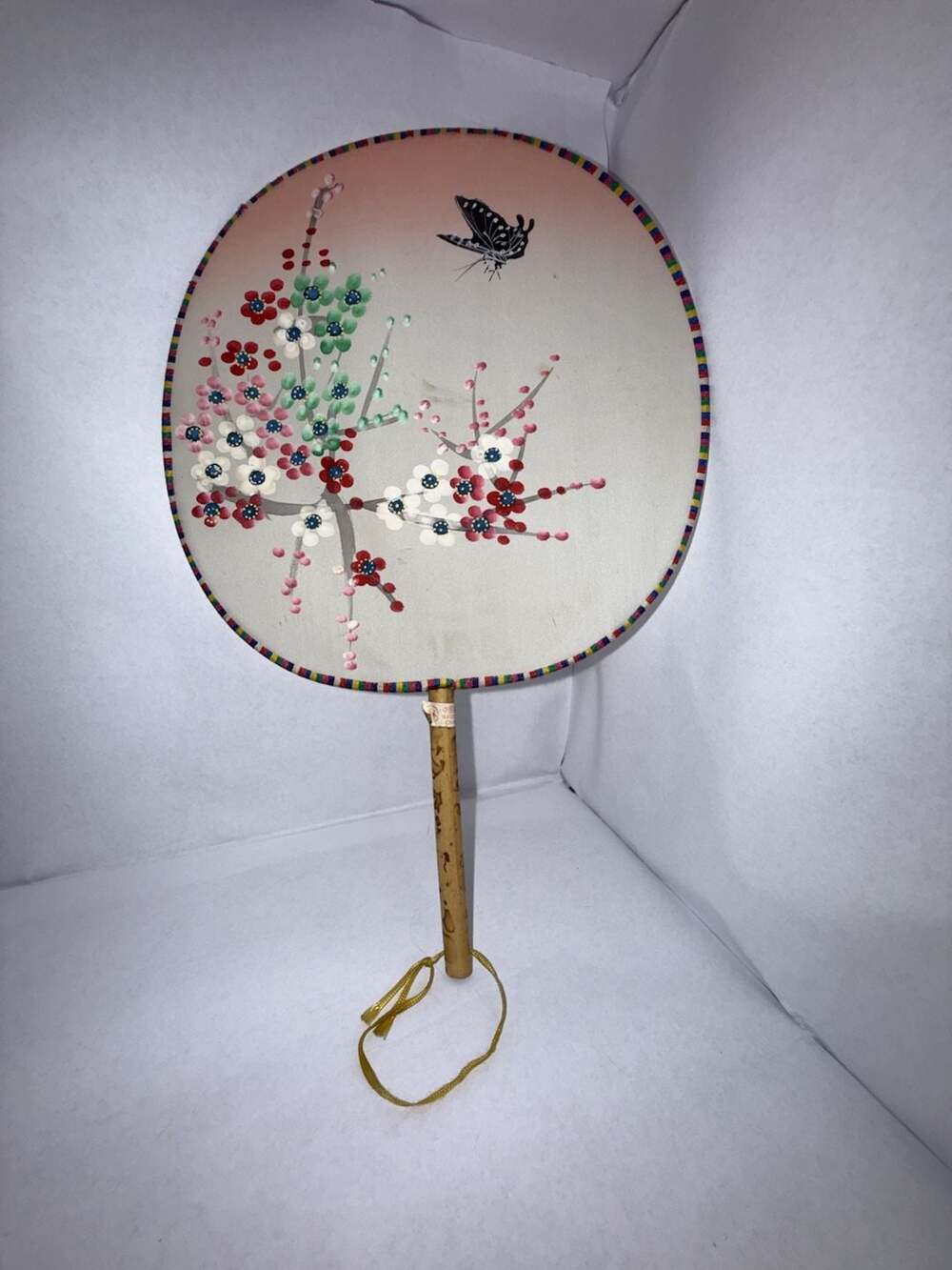 Vintage Hand Painted Silk Floral Butterfly Round Fan with Bamboo Handle